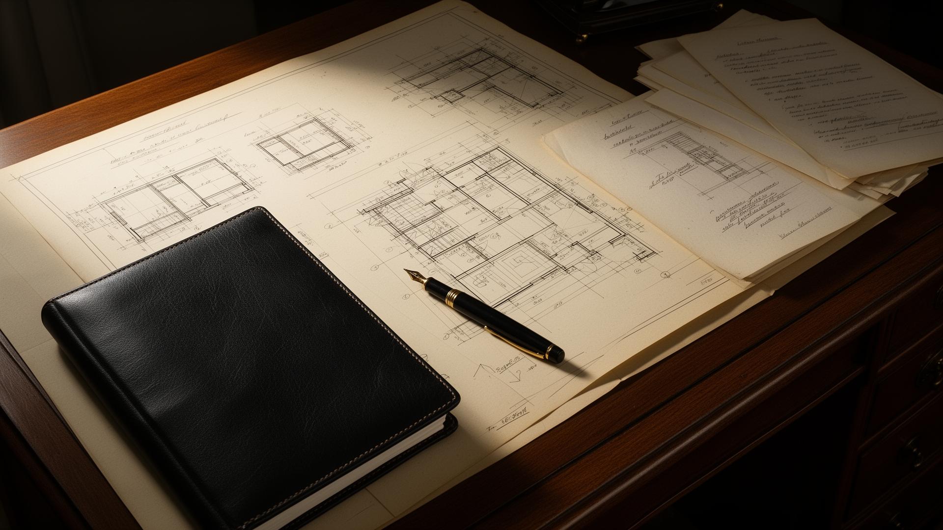 Tavolo di lavoro con dossier, planimetrie e appunti